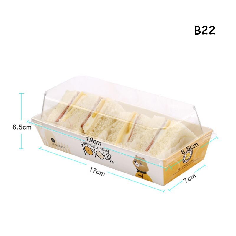 Engångsmacka kartong brödlåda puffar genomskinligt lock förpackningslåda bageri snacks förpackningslåda snabbmatslåda take away: B22