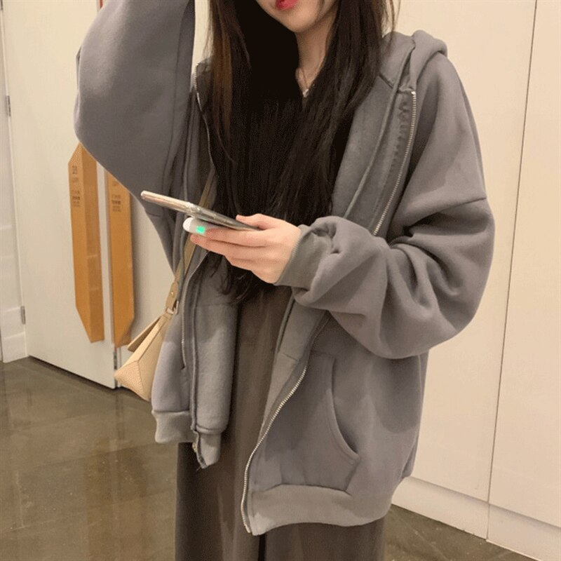 Sudaderas con capucha de las mujeres carta Oversize con capucha prendas de vestir exteriores Zip-adolescentes otoño Ins Popular cremallera estilo coreano de mujer diario básico Simple