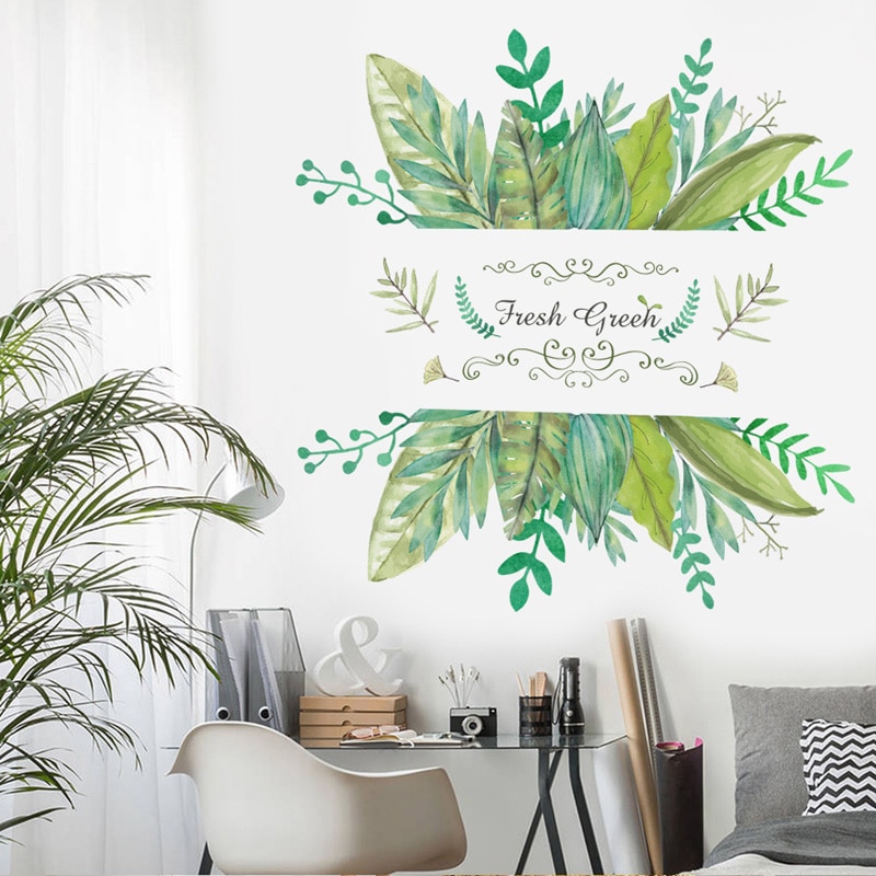 Fresh green leaf wall sticker living room bedroom background home decoration Mural Decals wallpaper Removable door stickers