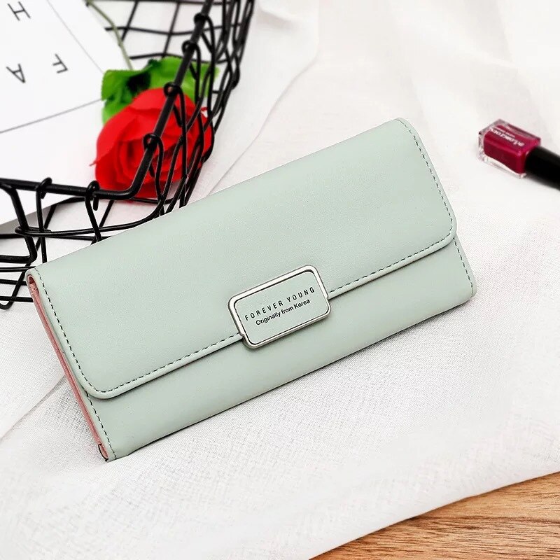 portefeuille pour femmes Simple Pu longue Tri-fold sac grande capacité Multi carte porte-bits étudiants femmes portefeuille porte-monnaie: Green