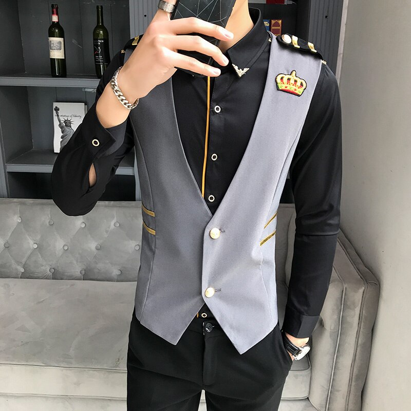 Borduren Crown Jurk Vesten Voor Mannen Slim Fit Vest Suits Casual Zaken Wedding Tuxedo Vest Gilet Chalecos Para Hombre: gray / 4XL