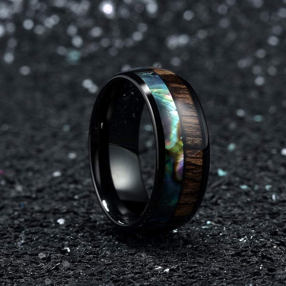 8mm Men's Black Tungsten Carbide Ring Wood Shell Inlay Engagement Ring For Men Wedding Band Jewelry