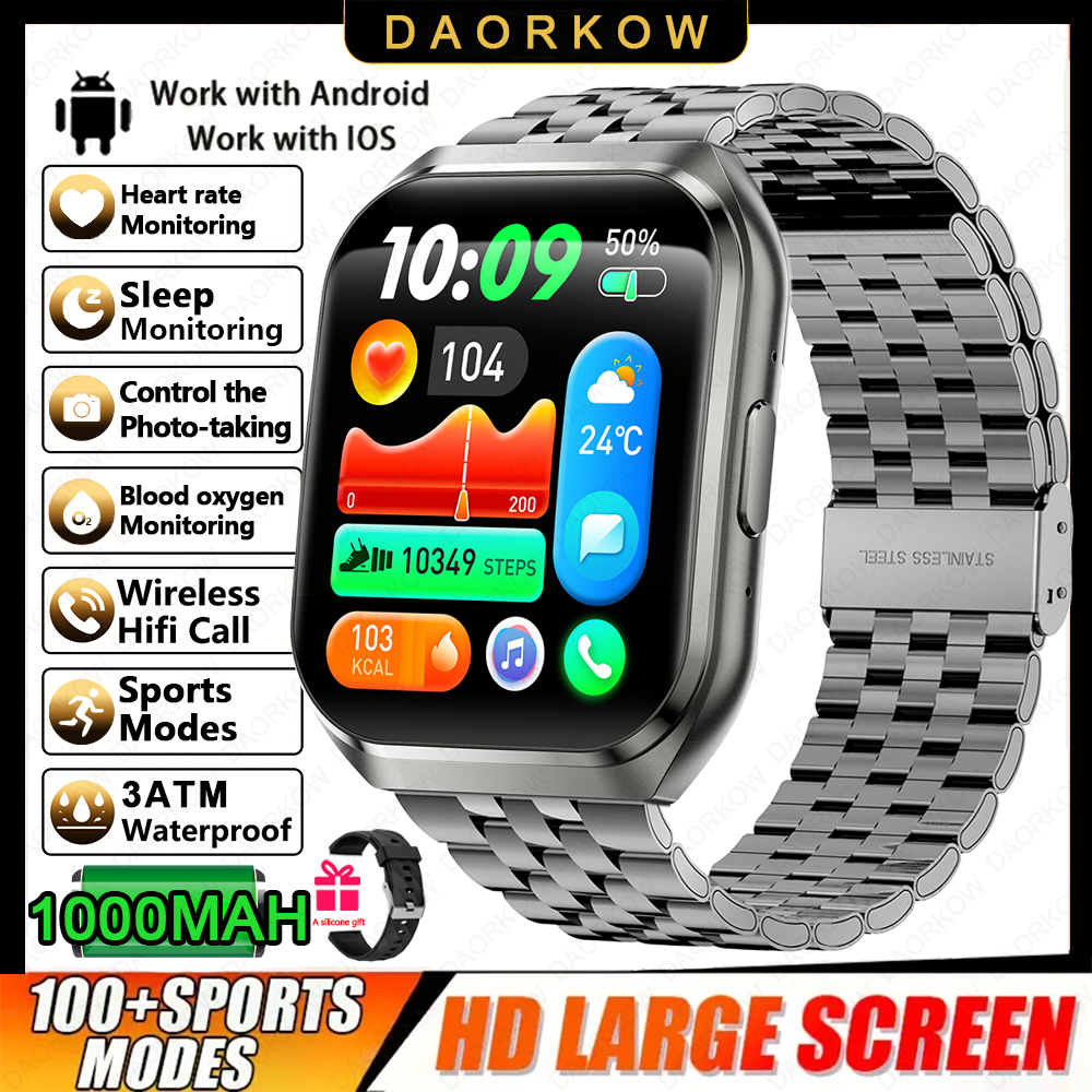 Nuovo Smart Watch Uomo 1000mAh Standby lungo Smartwatch esterno Uomo IP68 Impermeabile Frequenza cardiaca Sport BT Chiamata Batteria grande Orologio intelligente: Argento