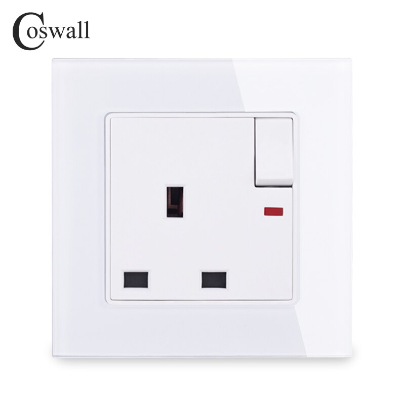 Wall Crystal Glass Panel Power UK Socket, 13A Black British Standard Electrical Outlet Switched 86mm * 86mm With Indicator: White