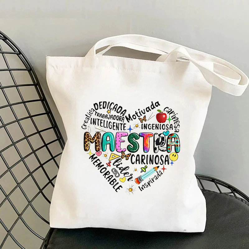 Maestra Spaanse Leraar Canvas Draagtas Organiseren Herbruikbare Boodschappentas Supermarkt Tas Reizen Grote Capaciteit Schoudertassen Lunchbox: Beige