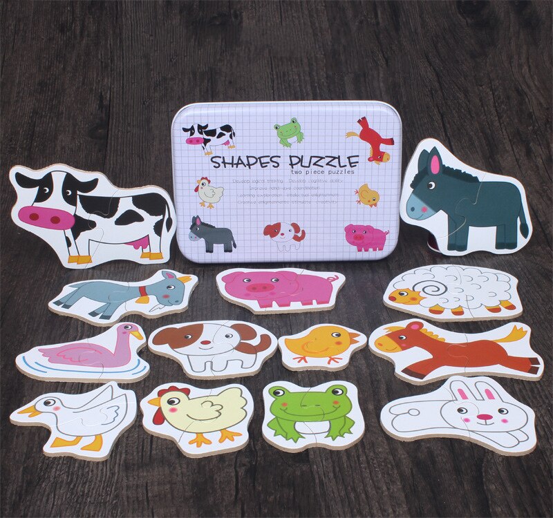 Big Size Vlok Baby Houten Puzzel Speelgoed Vroeg Onderwijs Cartoon Dier Fruit Cognitie Kaart Jigsaw Set Metalen Doos Voor Kinderen: Poultry