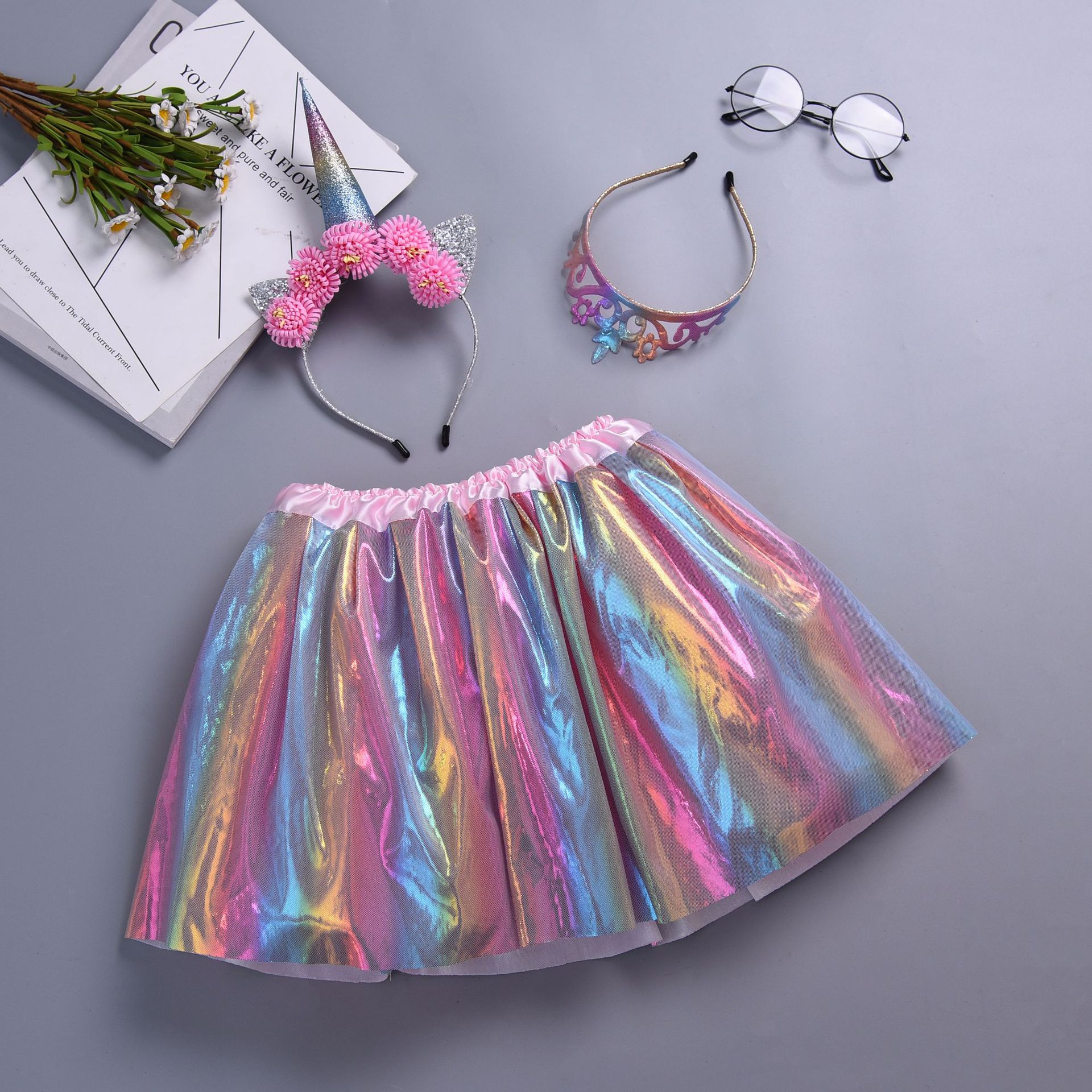 Neue Tutu leistung Einhorn Shinny Regenbogen rock prinzessin regenbogen Graps rock mit 2 stücke passenden haarband kostenloser SK19010: M     20cm