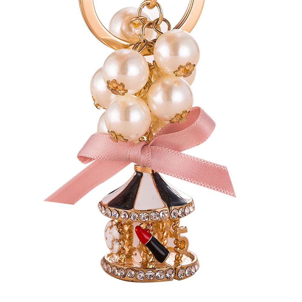 Carousel Keychain Women Pendant For Handbag Bag Exquisite Pearl String Carousel Car Key Chain Girls Bag Car Strap Pendant: Black