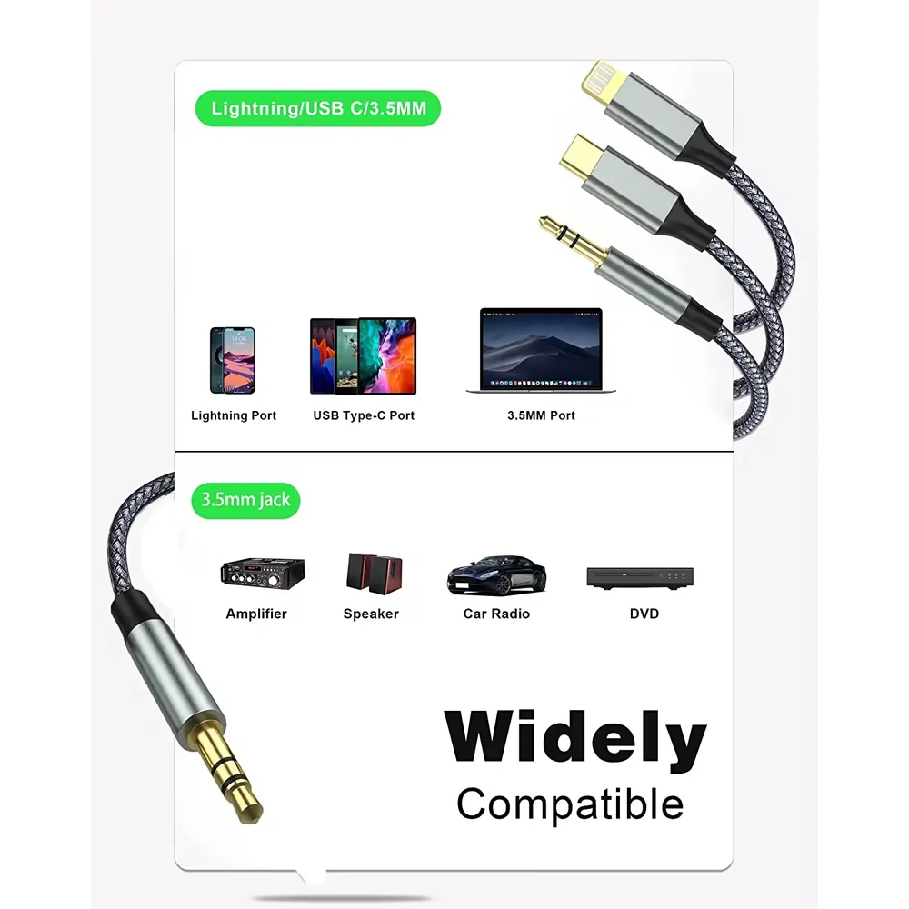 3- in -1- aux audio cable type c/lightning to 3,5- mm plug cable for car headphones, telephone, usb c, ios to 3,5 mm aux converter jack cable