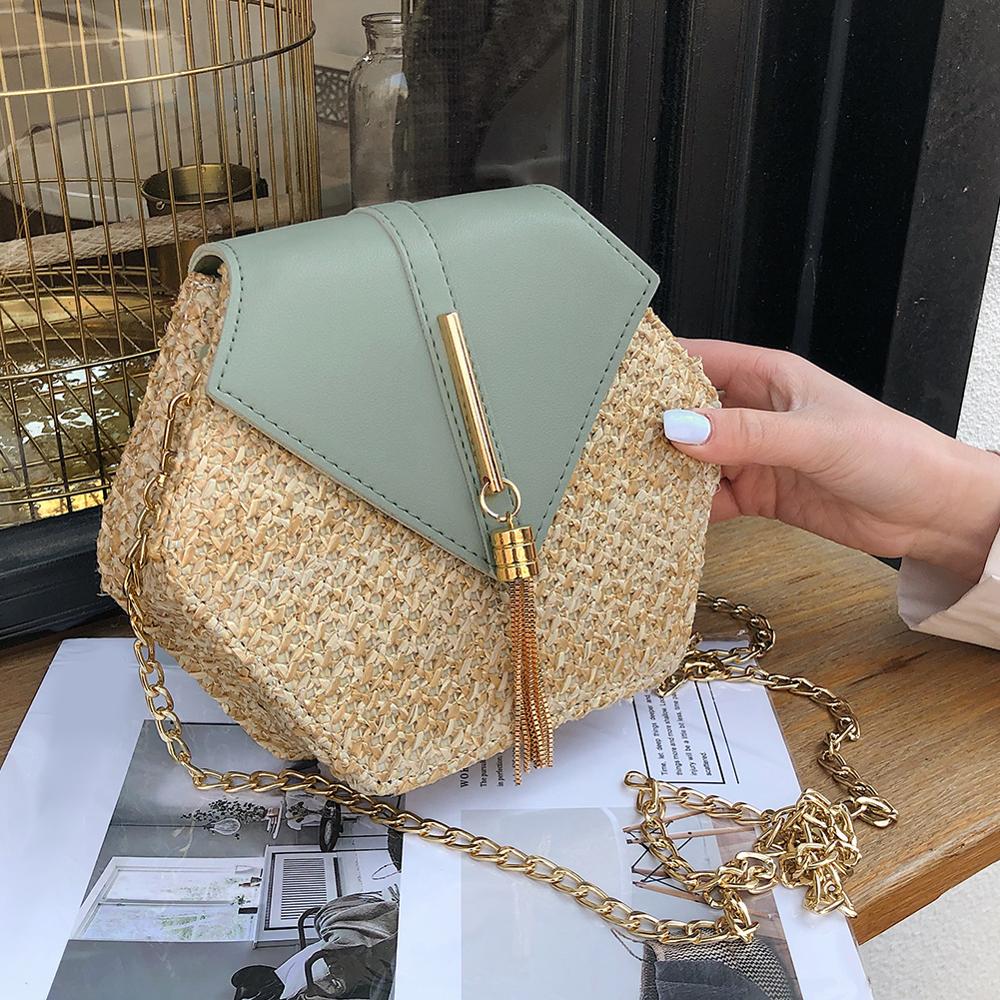 Zomer Stro Tassen Voor Vrouwen Hex-Vorm Stro + Pu Schoudertas Kwastje Rotan Strand Bohemian Crossbody Vrouwelijke reizen Keten Tas: Green