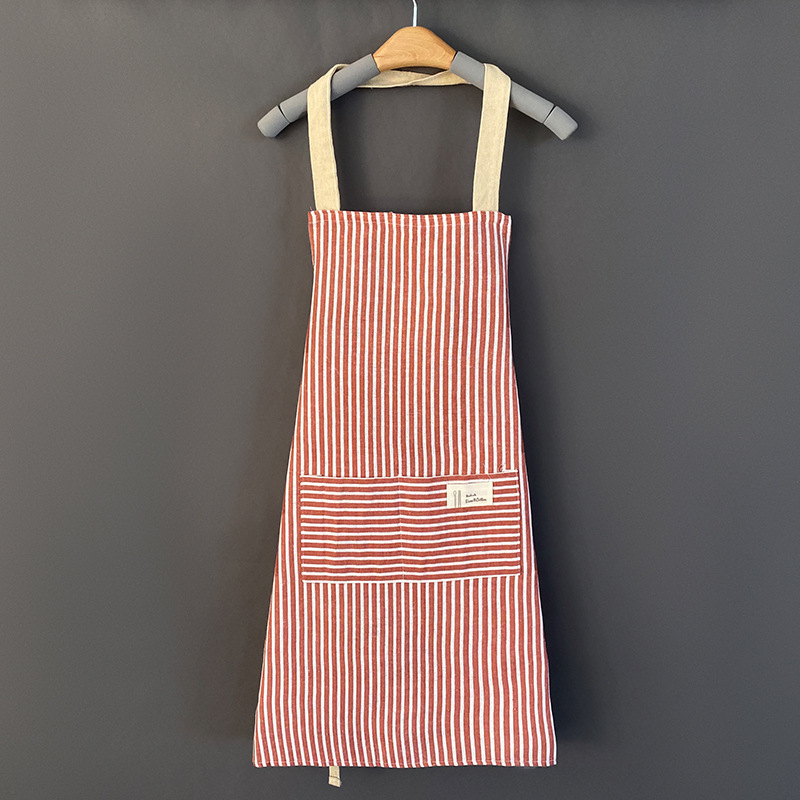 Hemp Apron Striped Cotton Household Japanese Aprons For Cleaning Cooking Baking With Large Pocket Cute Women's Apron Overalls: M / Red