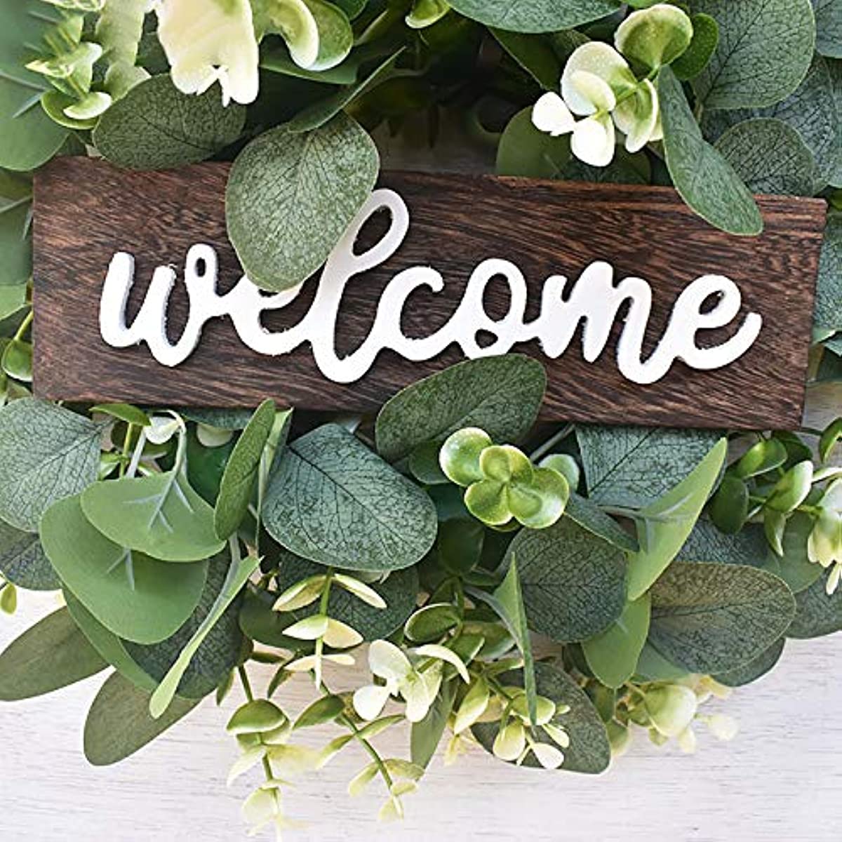 Green Eucalyptus Wreath with Welcome Sign Artificial Eucalyptus Wreath Spring Summer Wreath with White Berries for Front Door