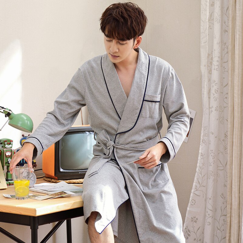 Albornoz de talla grande para hombre, ropa de dormir Kimono con cinturón, bata de manga larga, Color gris, para primavera y M-XXXL