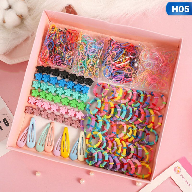 1 Set Kinderen Kleurrijke Nylon Elastische Haarbanden Voor Baby Meisjes Elastiekjes Set Kids 730/870Pcs Paardenstaart houder Haar Clips Kits: H05-870PCS