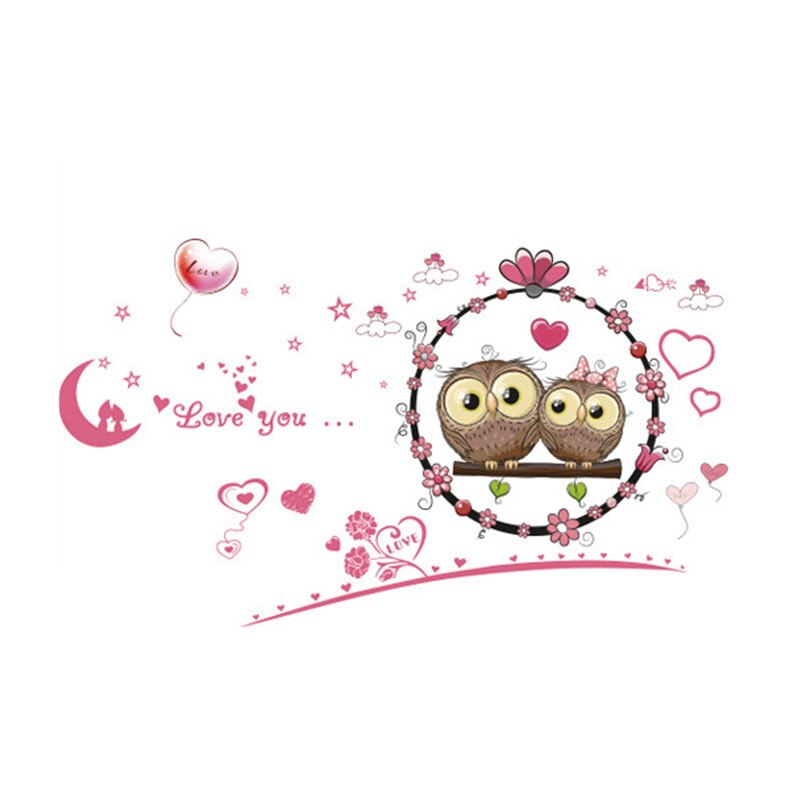 Cartoon Couple Owls Pink Hearts Wall Stickers for Living Room Bedroom Wall Decals Kids Room Decoration PVC removable Stickers: Default Title