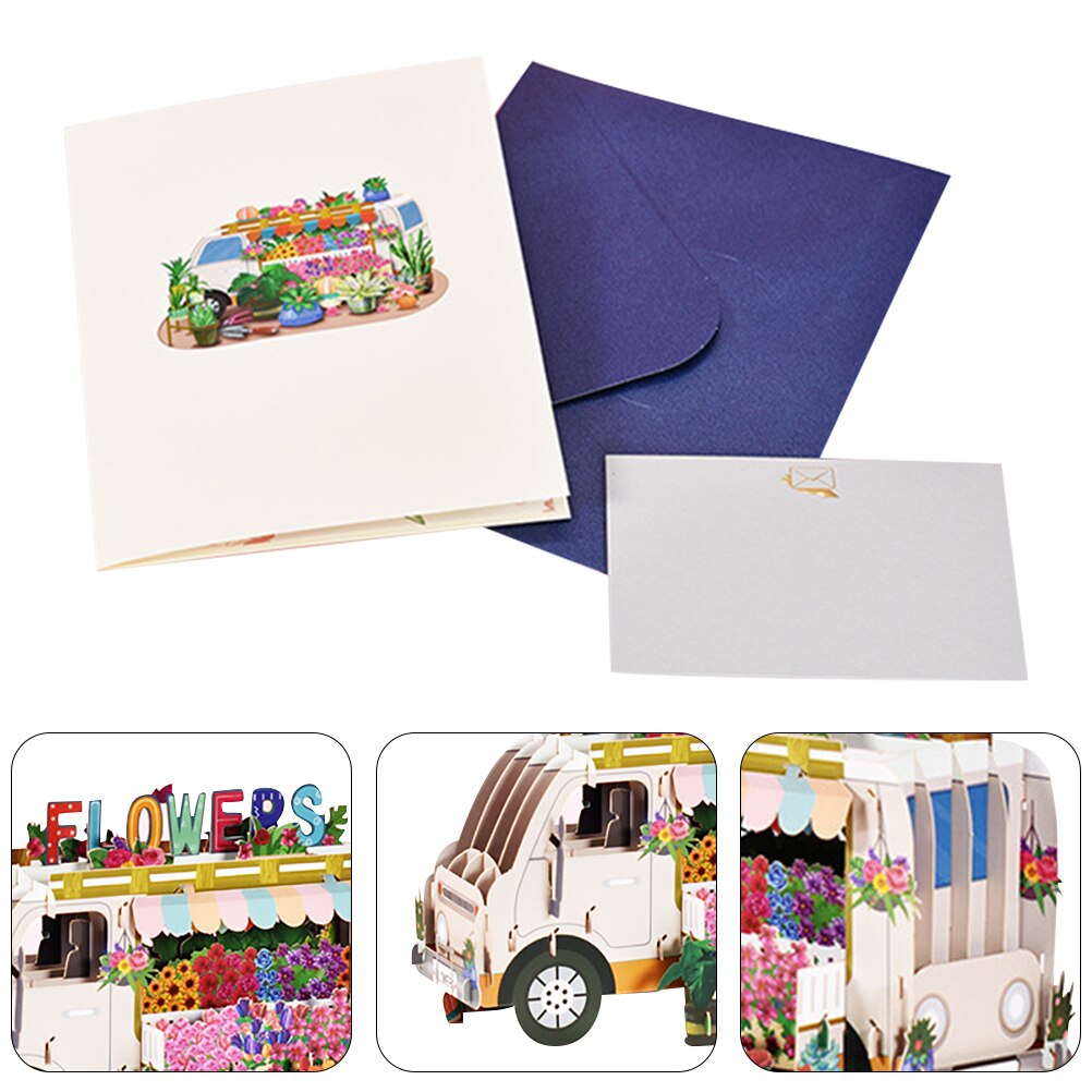 3Pcs 3D Car Blessing Cards Cartoon Birthday Cards 3D Flower Car Cards Greeting Cards