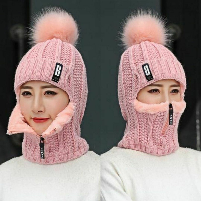 Damska zimowa jednoczęściowa czapka z aksamitnymi nausznikami damska kolarska wełniana włóczka na zamek błyskawiczny śliniaczek ciepła czapka