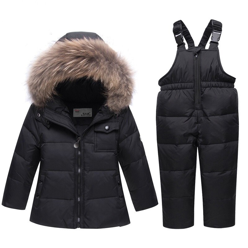 Winter Jongen Meisje Skipak Baby Winter Warme Kleding Sets Snowsuit Kinderen Bont Capuchon Donsjack Jas 5 Kleuren: Black / 100