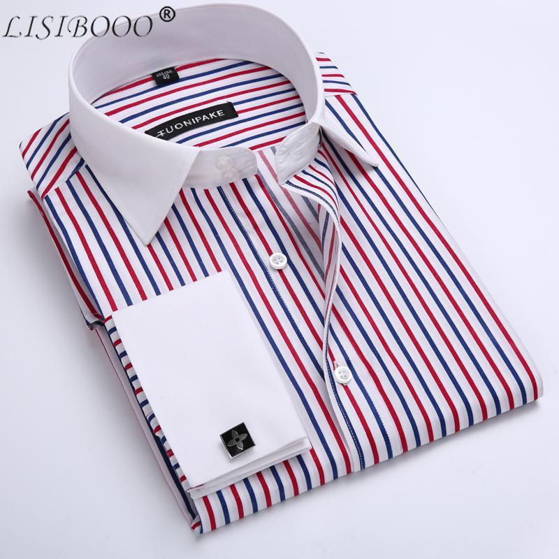 LISIBOOO Men Casual Slim Fit Shirt Mens Long Sleeve Business Dress Shirt French Cufflinks Shirt Male Striped Shirt