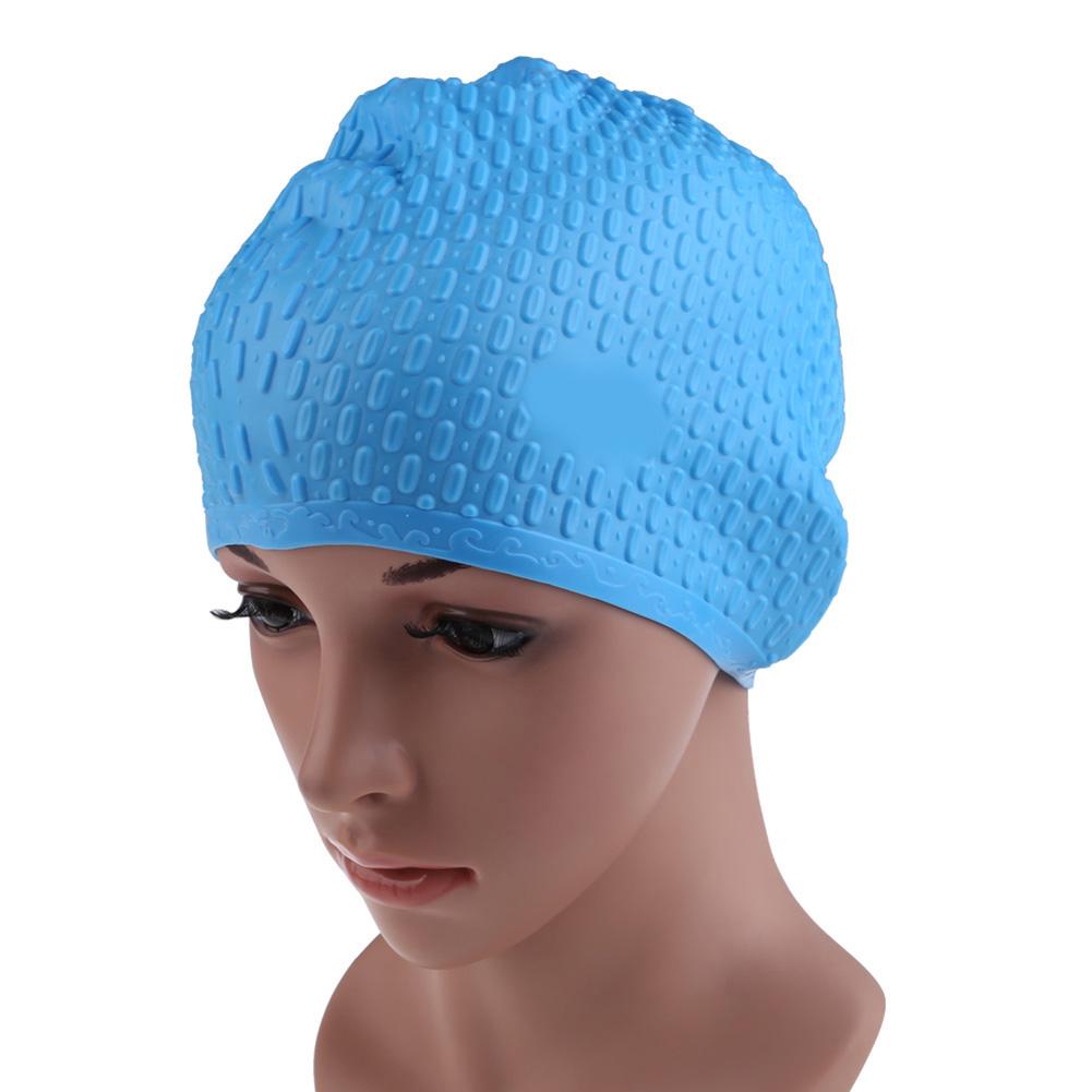Gorros de natación de silicona impermeables para hombres y mujeres, protección elástica para los oídos, pelo largo, deportes, piscina, gorro de baño de talla grande: Lighe blue no logo