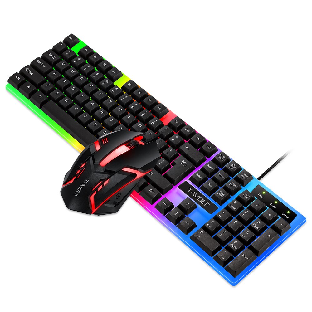 LED keyboard Wired Gaming Mechanical Keyboard Rainbow Backlight Usb Ergonomic Gaming Keyboard and Mouse Set For teclado gamer: black