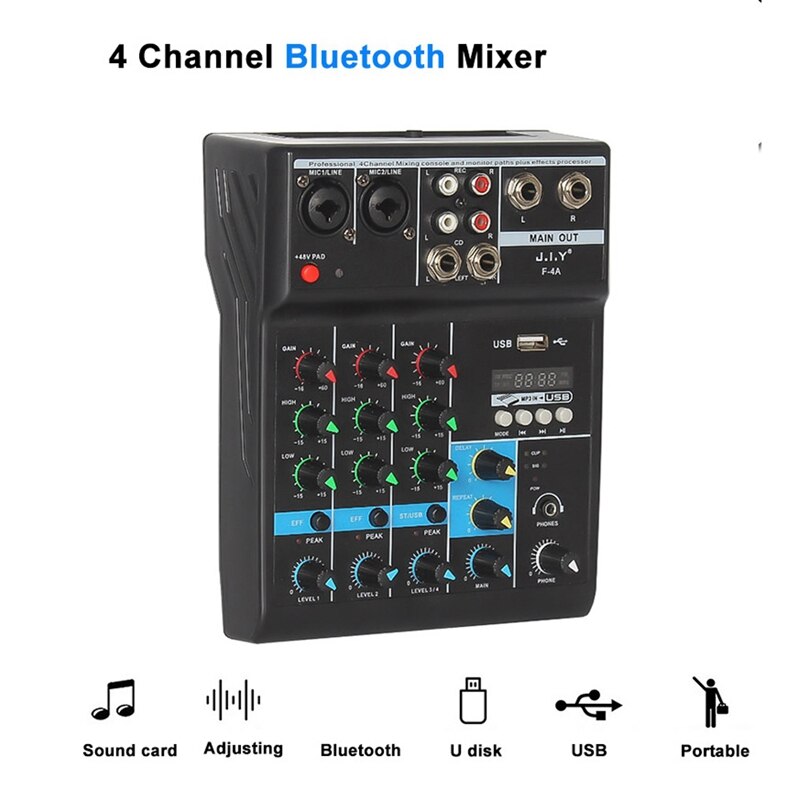 Portatile o Mixer Professionale 4 Canali Bluetooth Mixer DJ Console con Effetto di Riverbero per Karaoke USB Diretta Fase KTV