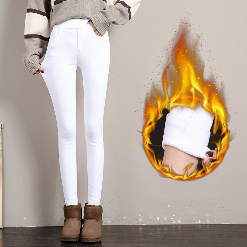 Vinter varme leggings kvinders fløjl tykke slanke bukser dame casual solid elastisk stretch skinny pencil pant hvid sort: Hvid / Xl