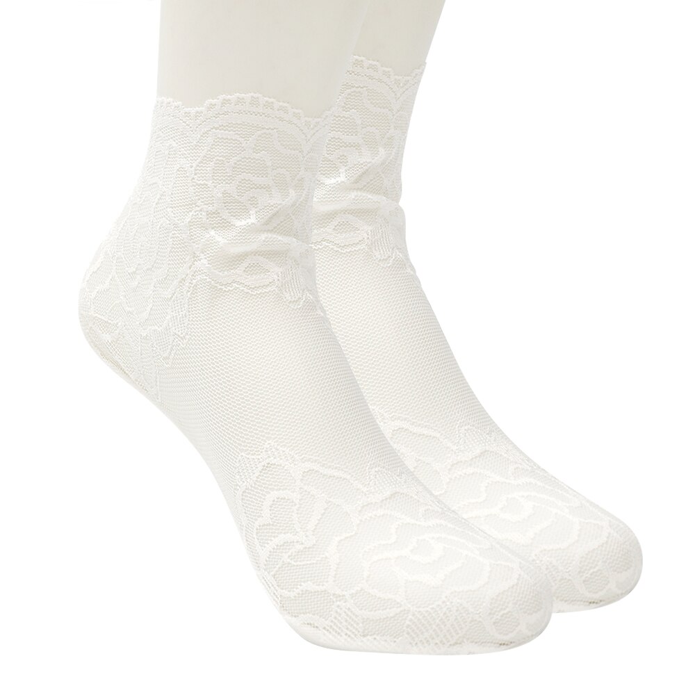 Calcetines tobilleros invisibles antideslizantes para mujer y niña, medias de malla de encaje con flores, elásticas, ultrafinas, 5 pares: 1Pairs White
