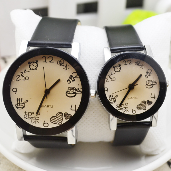 Schattige Paar Horloges Uniek Horloge Vrouwen En Mannen Parejas Zwarte Klok Lederen Band Casual Paar Horloges