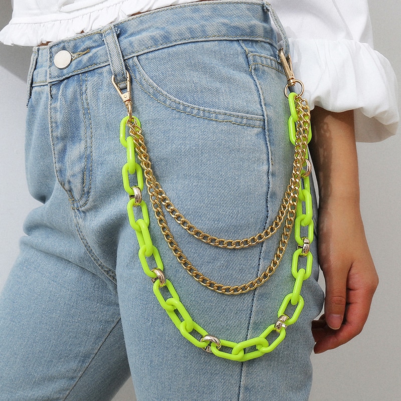 Jeans chain belt waist acrylic key chain belts for women tassel gold metal cinturon mujer punk neon ketting riem