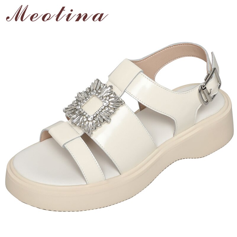 Meotina Shoes Women Genuine Leather Gladiator Sandals Flat Platform Sandals Crystal Buckle Ladies Footwear Summer Beige Black 40