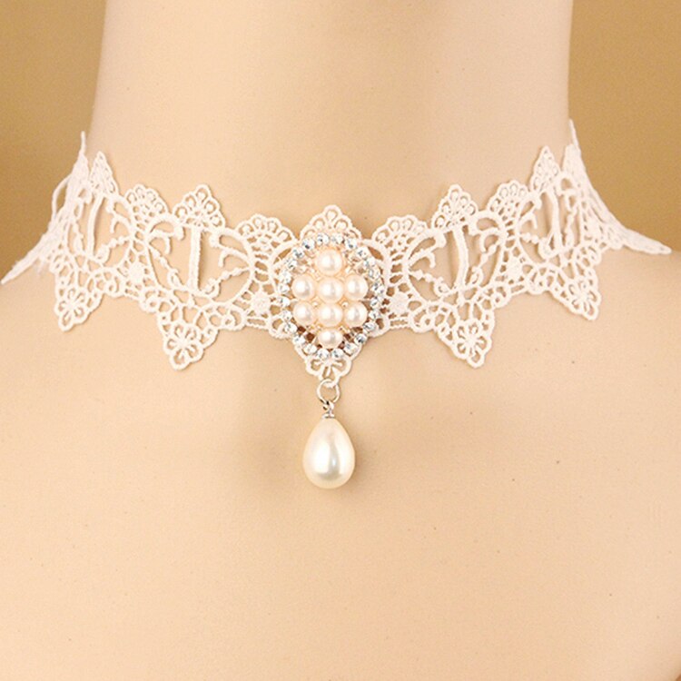Vintage Sweet Lolita Imitation Pearl White Lace Choker Necklaces Bridal Jewelry For Women Wedding Party FY-122: Default Title