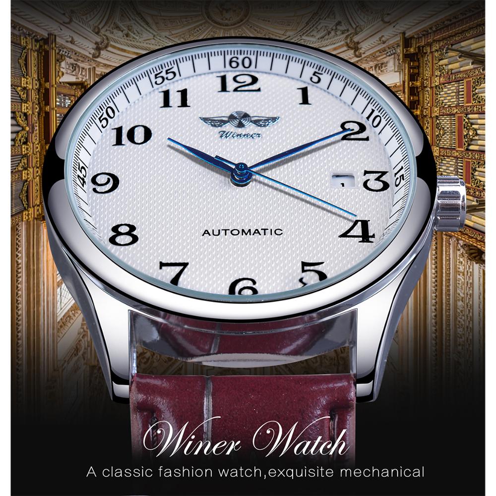 Winnaar Retro Klassiek Kalender Casual Riem Blauwe Handen Herenmode Automatische Mechanische Horloges Topmerk Luxe Relogios