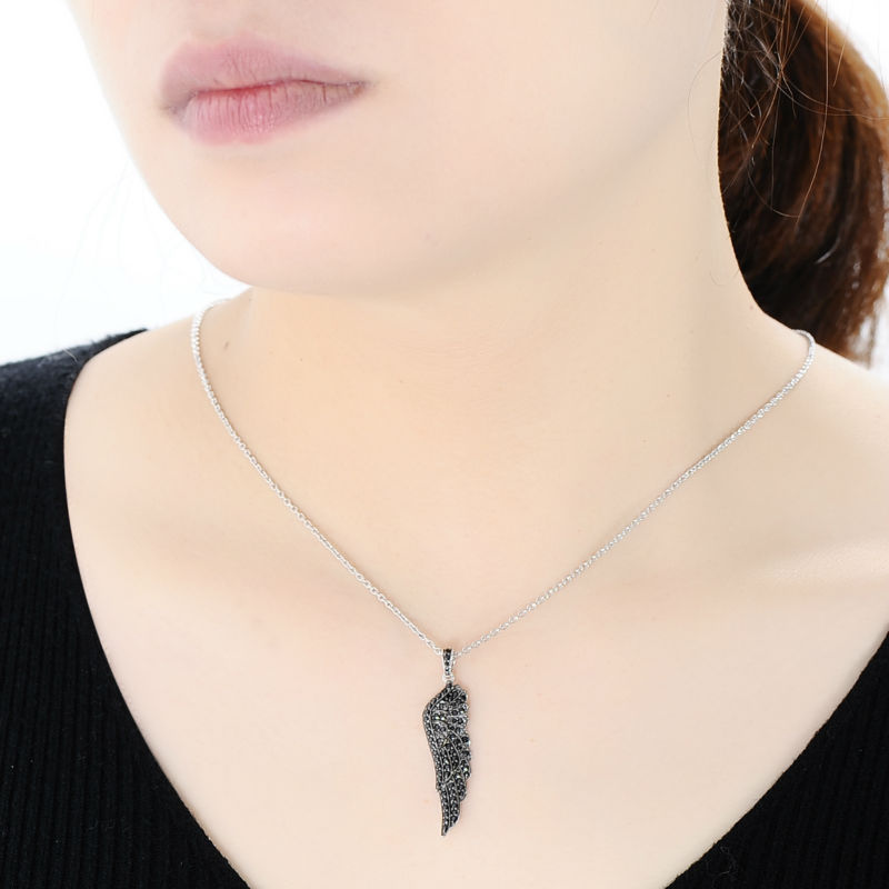 SANTUZZA 100% 925 Sterling Silver Pendant For Women Shiny Black Spinel Angel Wings Trendy Party Jewelry