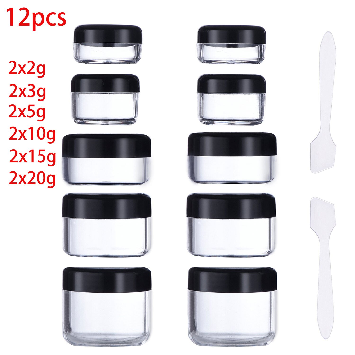12pcs Empty Clear Plastic Sample Containers 2/3/5/10/15/20 Gram Size Round Cosmetic Pot Jars with Screw Lids + 2pcs Mini Spatula