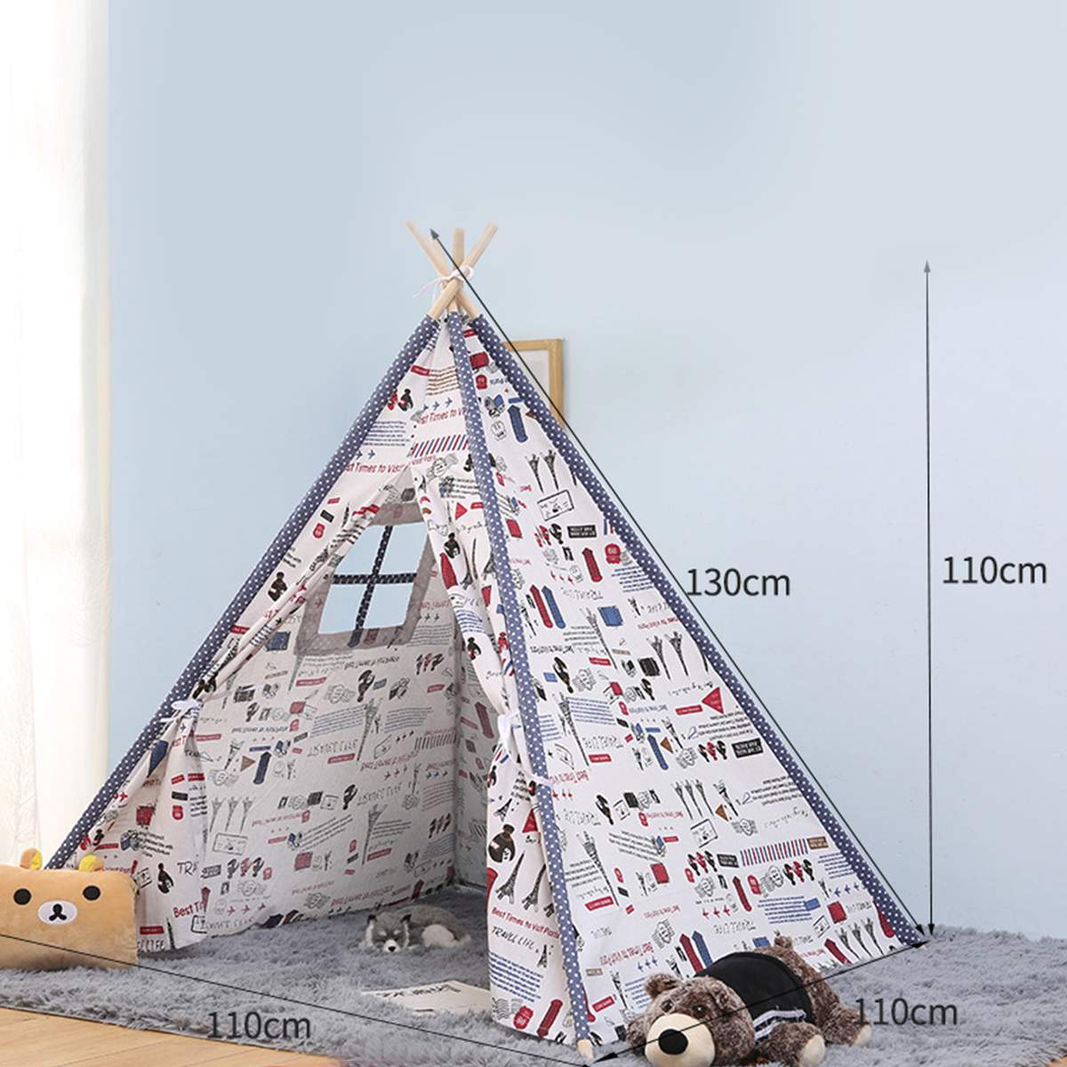 1.3m-Large Canvas Teepee Tent Kids Teepee Tipi with Grey Pom Poms Indian Play Tent House Children Tipi Tee Pee Tent NO MAT