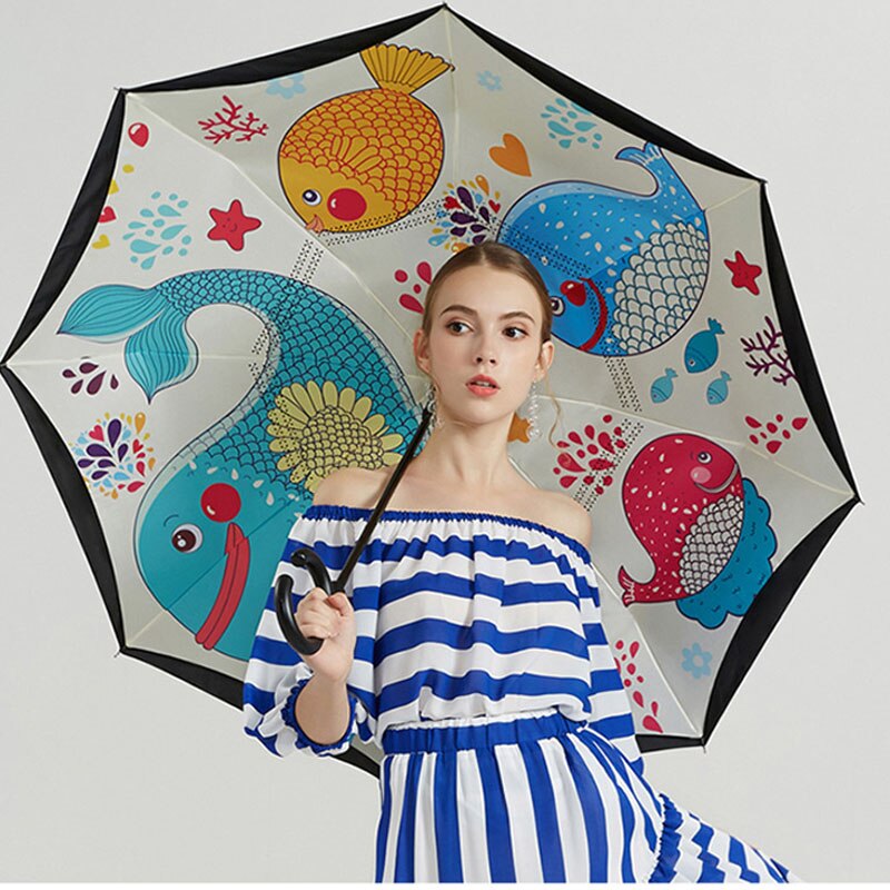 C-krog håndtag omvendt paraply dobbeltlag uv beskyttelse vindtæt bil paraply til kvinde semi-auto omvendt paraply mænd: Fisk