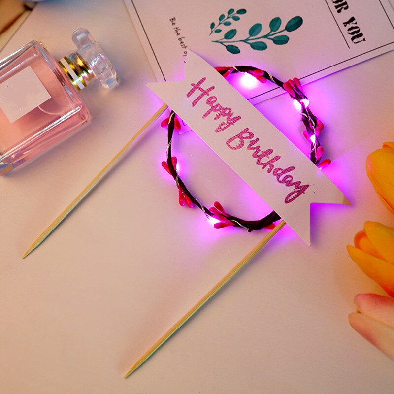 LED Glowing Flower Wreath Cake Topper Happy Birthday Cake Decor for Birthday Party Gold Leaves Cake Toppers