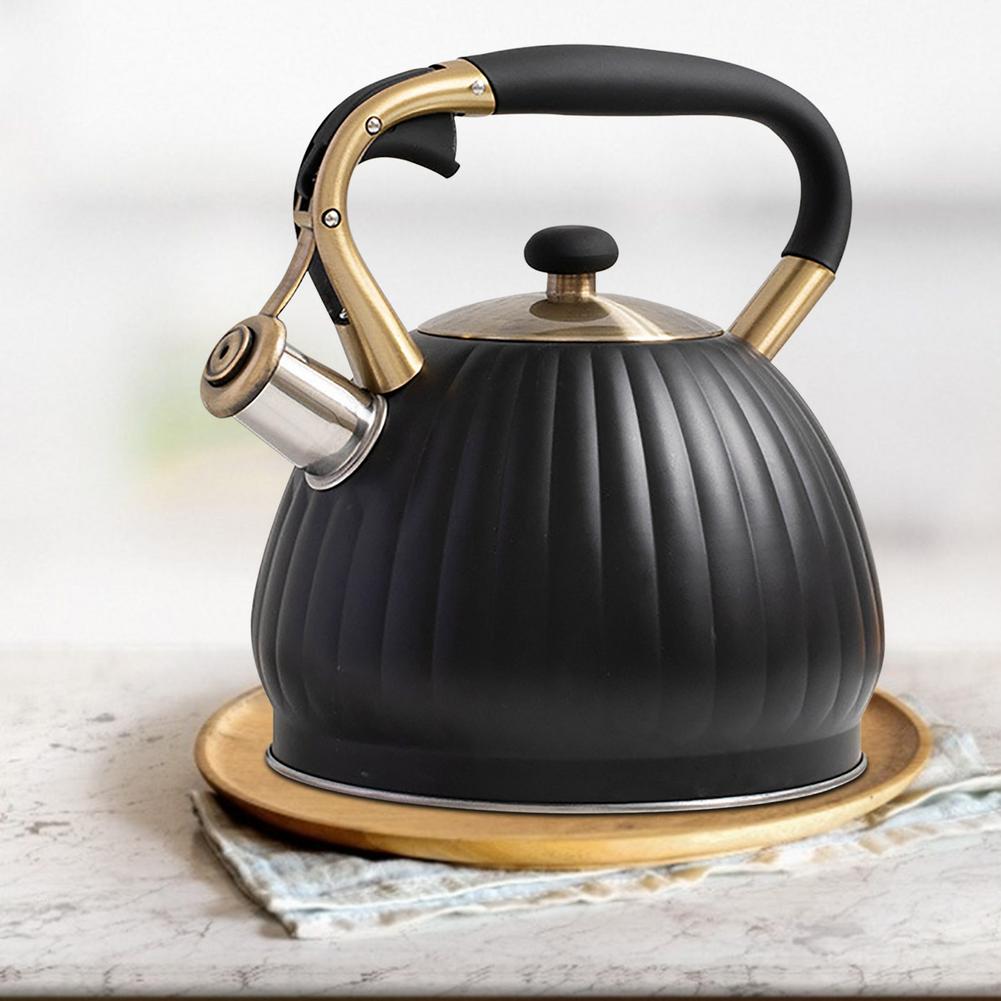 Bouilloire à thé en acier inoxydable, théière universelle en forme de citrouille noire, avec poignée résistante à la chaleur, pour toutes les cuisinières, 3,5 l