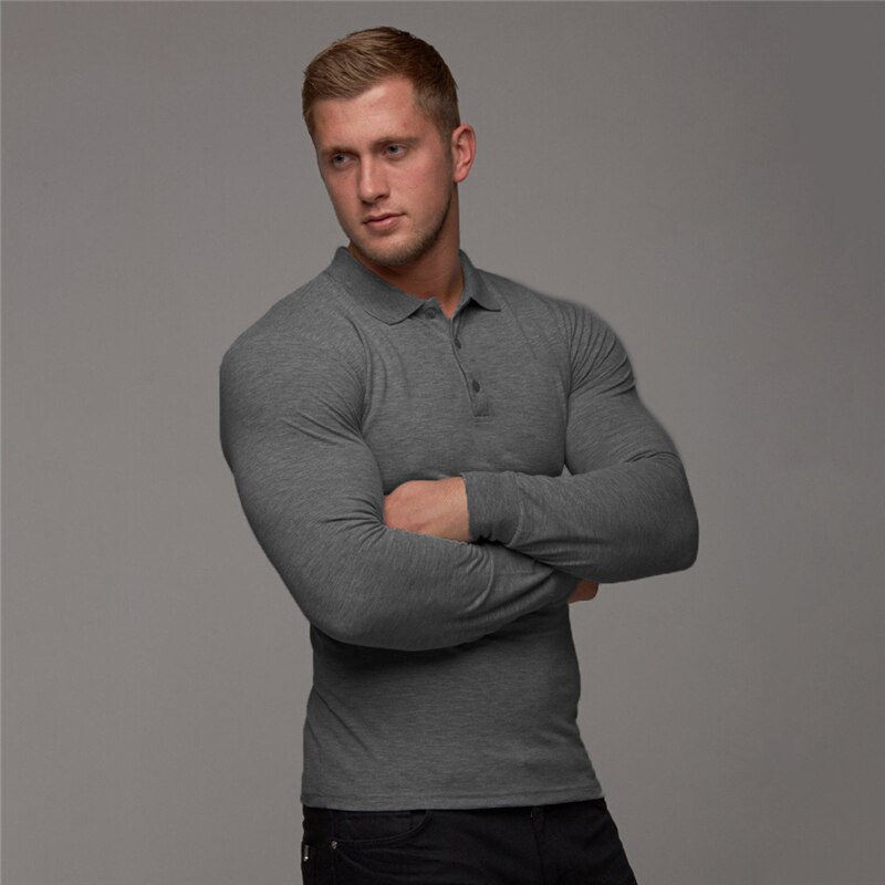 Vår høst poloskjorte herre bomull slank passe polo menn vanlig treningsstudio Fitness pustende virksomhet langermet poloskjorte: Mørk grå / M
