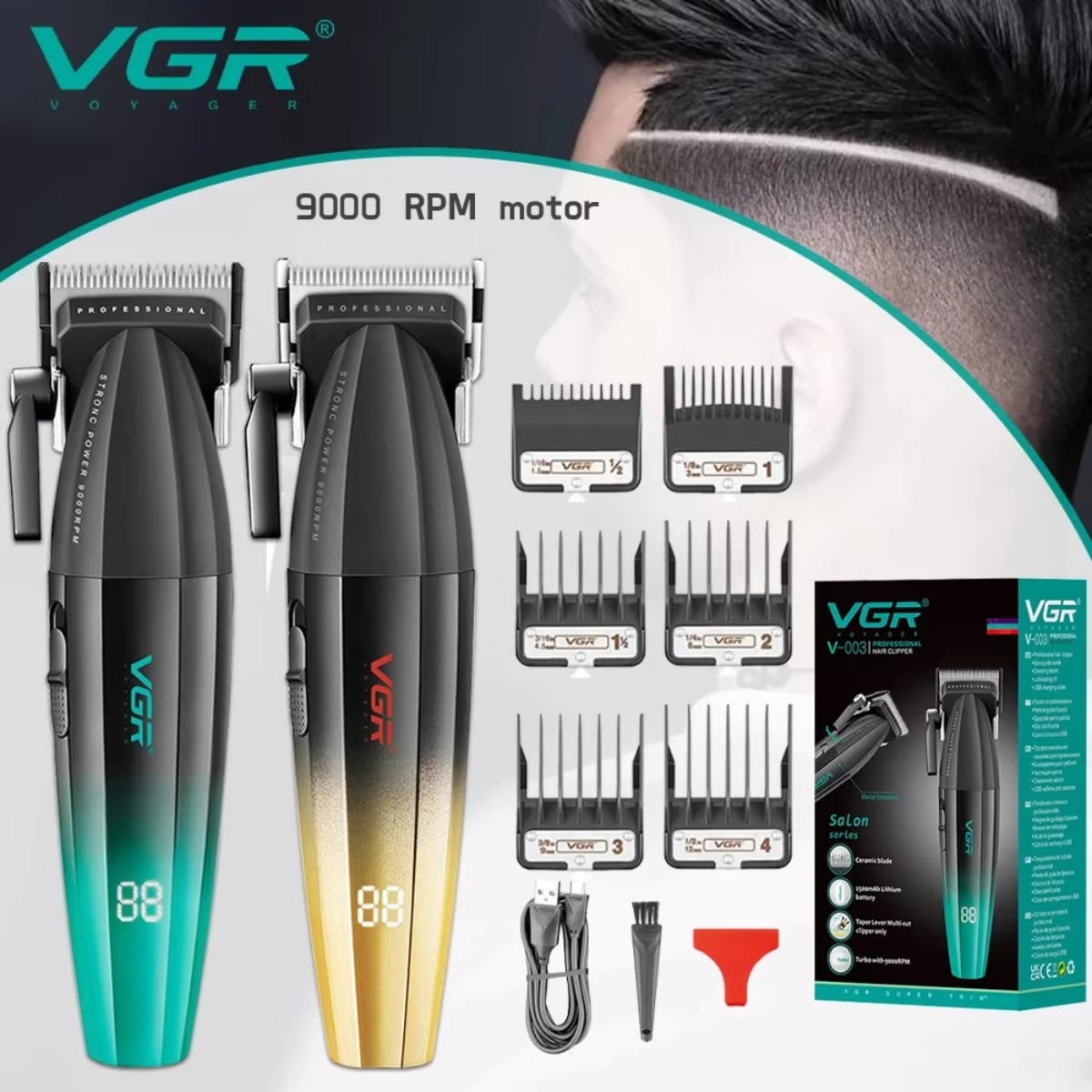 VGR Haartrimmer Professioneel Tondeuse Barbier Verstelbaar Haarknipmachine 9000 RPM Tondeuse LED-scherm Haartrimmers Mannen V-003