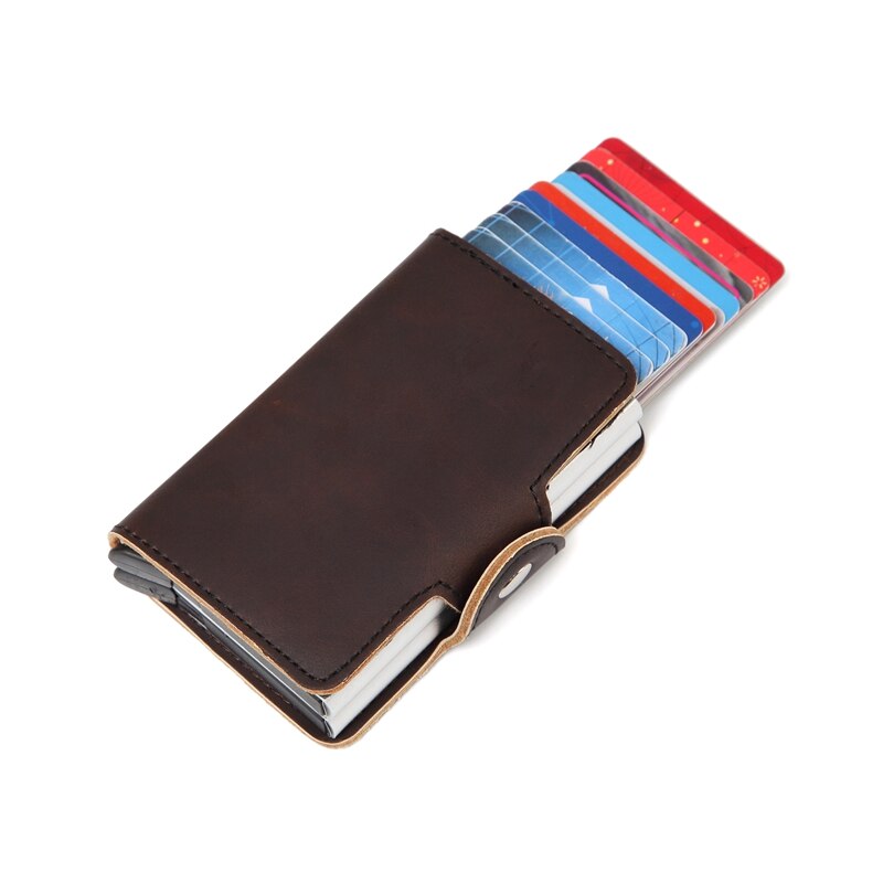 Cartera doble de aluminio para hombre, tarjetero de cuero para tarjetas de crédito RFID, billetera de Metal automática saliente, monedero antirrobo, tarjetero de negocios: Crazy horse brown