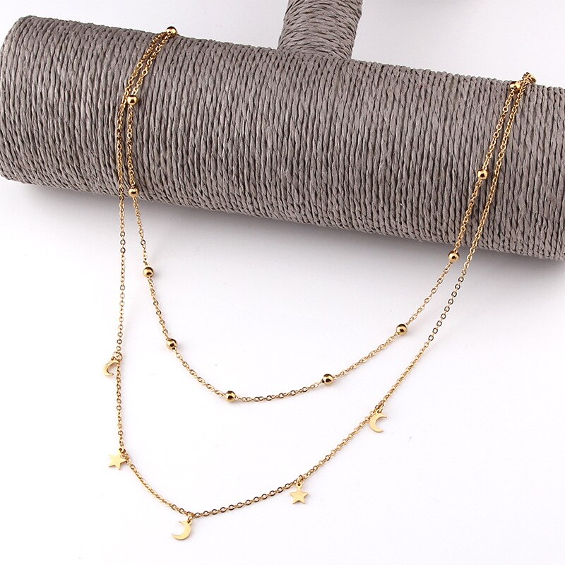 Dainty Eenvoudige Gouden Kleur Moon Star Ketting Dubbele Laag Kralen Kwastje Sleutelbeen Ketting Choker Voor Vrouwen Romantische Boho Sieraden