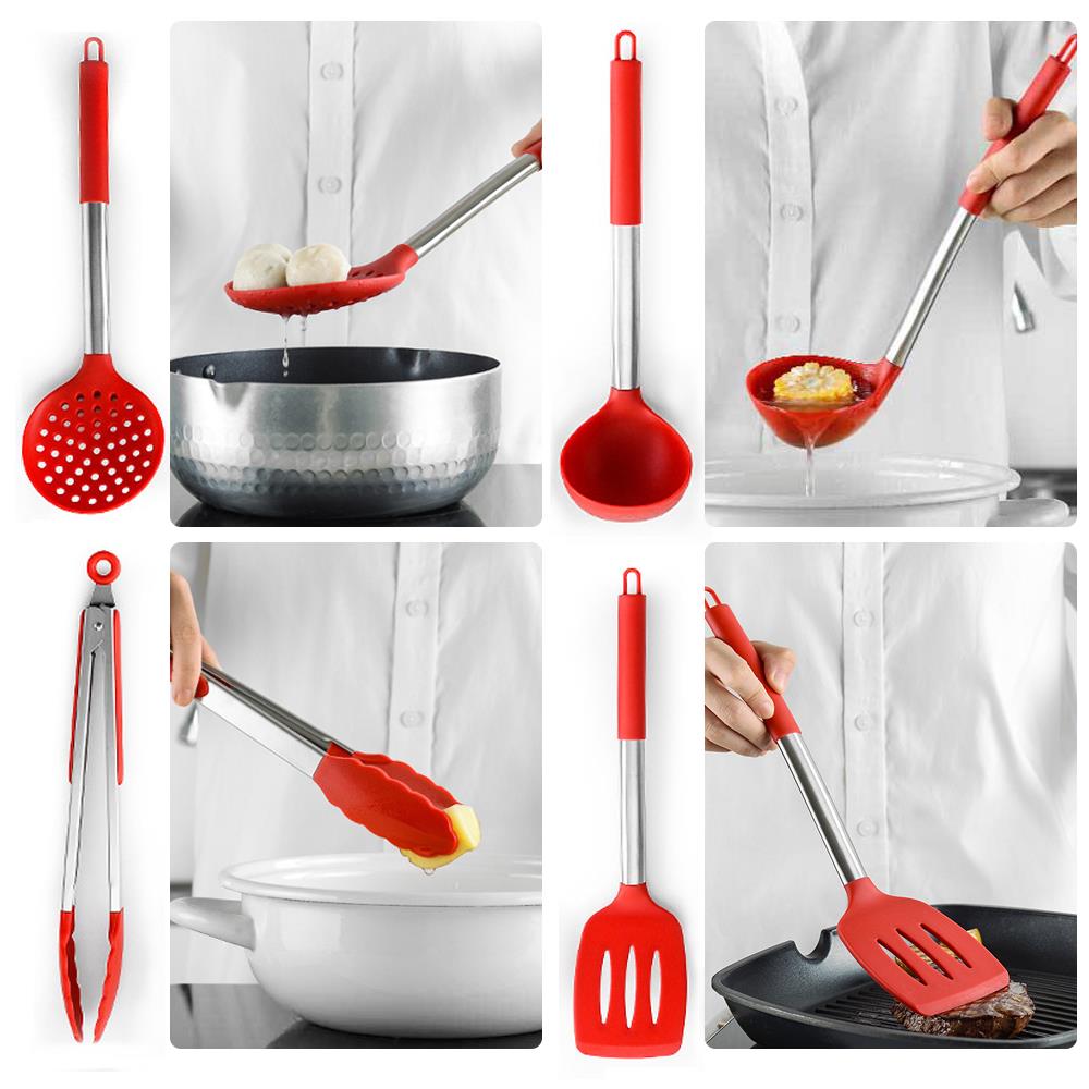 Práctico pala de fugas, cuchara roja de alimentaria, cuchara batidora de huevos, juego de utensilios de cocina negro 14 uds, utensilios de cocina de alta resistencia a la temperatura