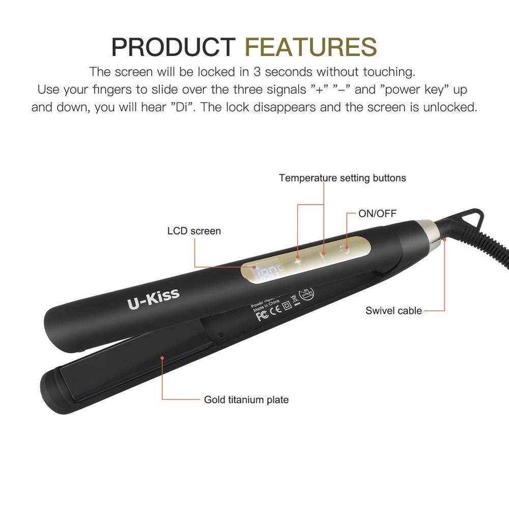 U-Kiss Ultra Thin Digital LCD Display Screen Titanium Plate Swivel Cable Traightening Curling Touch Screen Hair Straightener