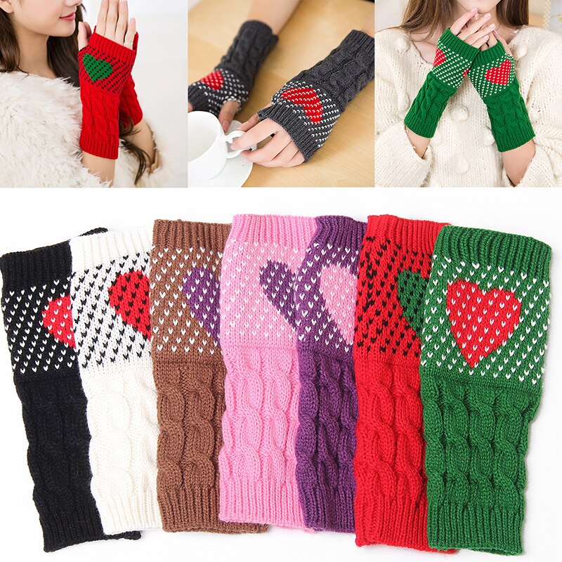 1 Pair Gloves Winter Autumn Christmas Heart Typing Gloves Women Girls Arm Wrist Warmer Sleeves Thick Knitted Mittens Gloves Pink