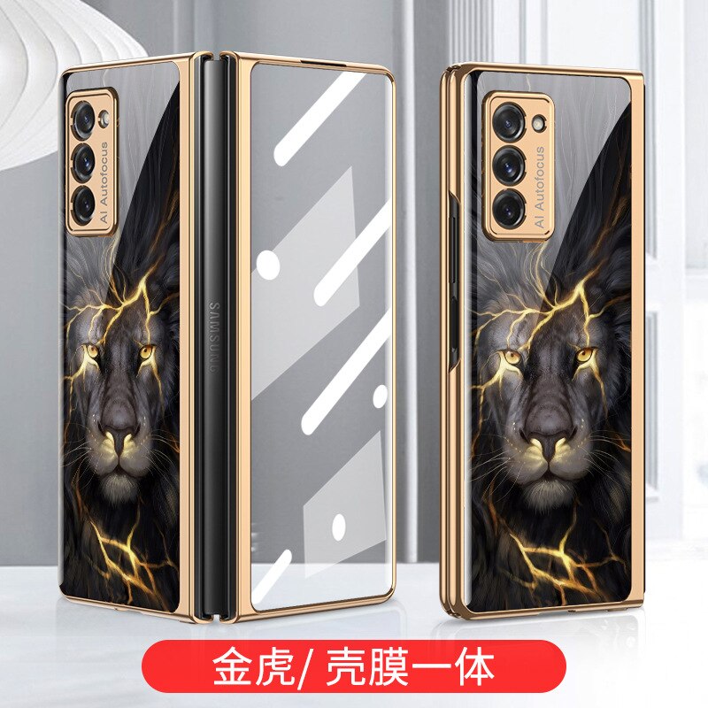 Tempered Glass Case for Samsung Galaxy Z Fold 2 5G Cover All-inclusive Luxury HD Front Glass Shell for Samsung Z Fold 2 Case: Male lion