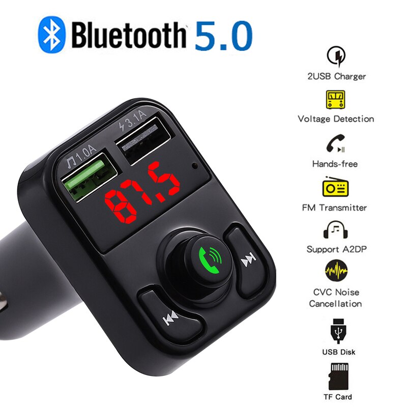 Bluetooth 5.0 Handsfree Car Kit Fm-zender Draadloze Audio Receiver Auto MP3 Speler Dual Usb Fast Charger Digitale Voltmeter D