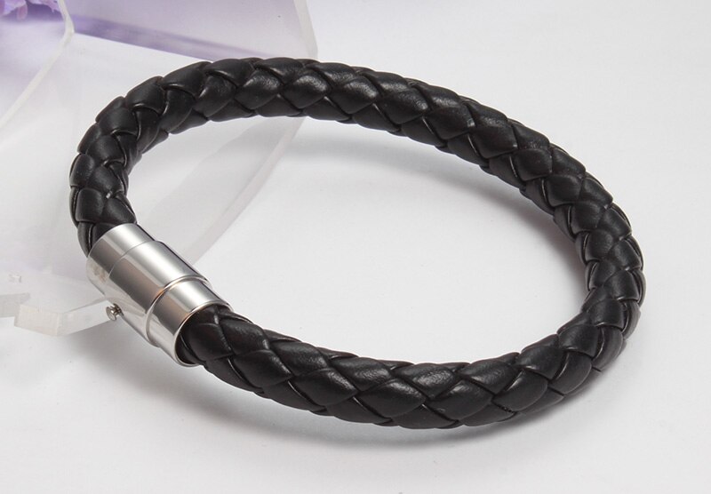 Black Braid Leather Bracelet Bangle Stainless Steel Clasp Men Jewelry 21cm