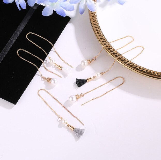 Oorbellen eenvoudige frisse oorbellen parel kwast oorbellen lange asymmetrische oorbellen